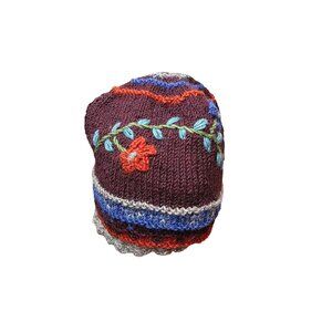 Rising Tide 100% Wool Knit Beanie Hat Floral Design & Fleece Lining Burgundy